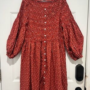 Madewell Red Floral Challis Button Front Dress, XS, flaw*